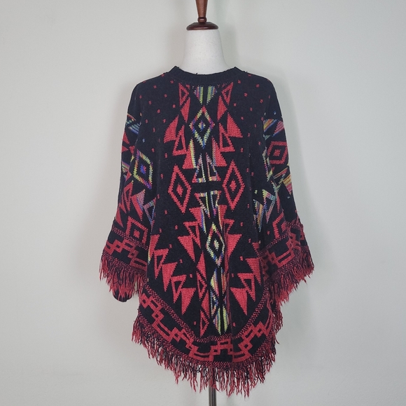 Marqlop Sweaters - Marqlop Sweater Cape Poncho Womens One Size Black Chenille Aztec Fringe Mexican